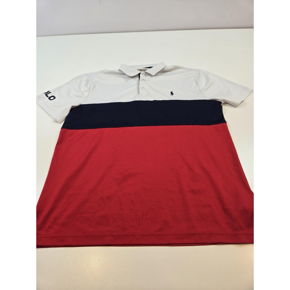 Polo Ralph Lauren Shirt Mens Large White Navy Red Performance Golf Colorblock
